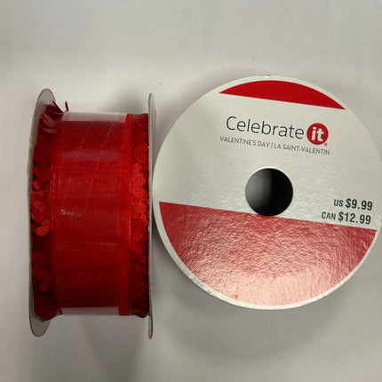 Valentine’s Day Red Heart Fringe Wired Ribbon by Celebrate IT - 1.5 inch *  8.3 yard