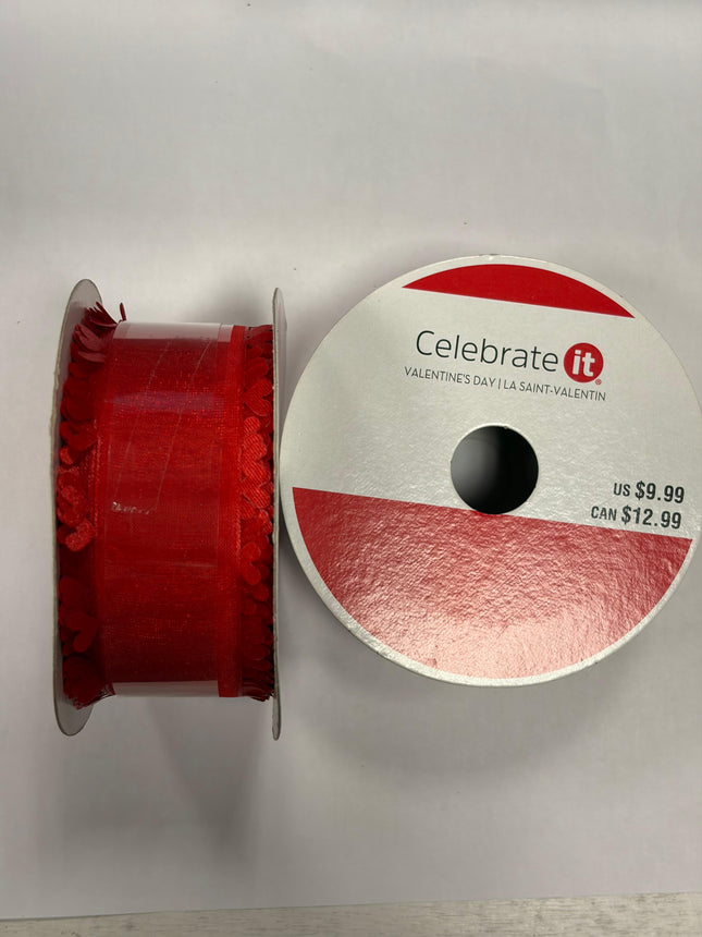 Valentine’s Day Red Heart Fringe Wired Ribbon by Celebrate IT - 1.5 inch *  8.3 yard