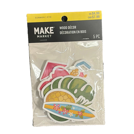Tropical Summer Wooden Craft Shapes – Beach Theme DIY Décor (5 Pieces)