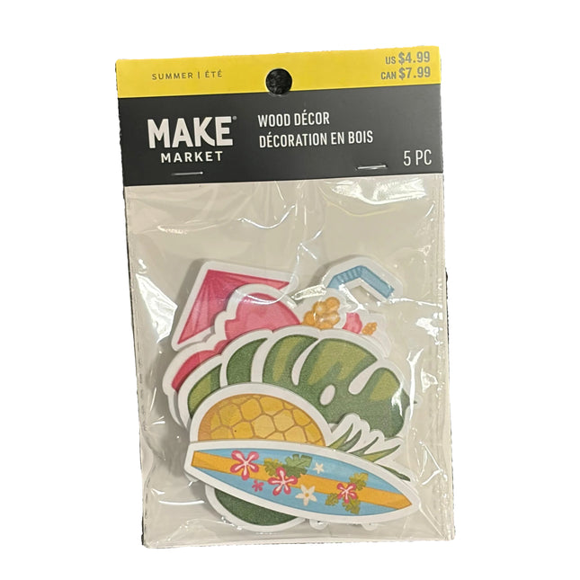 Tropical Summer Wooden Craft Shapes – Beach Theme DIY Décor (5 Pieces)