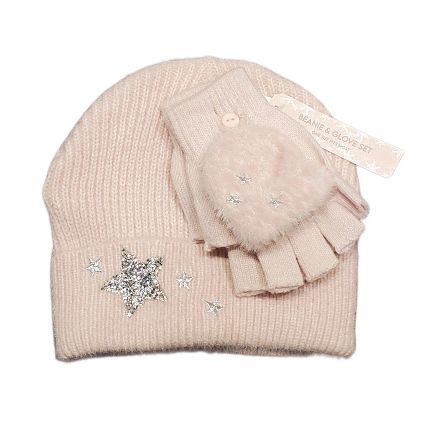 BEANIE AND GLOVE SET, PINK SMOKE WITH SILVER STARS, ONE SIZE FITS MOST