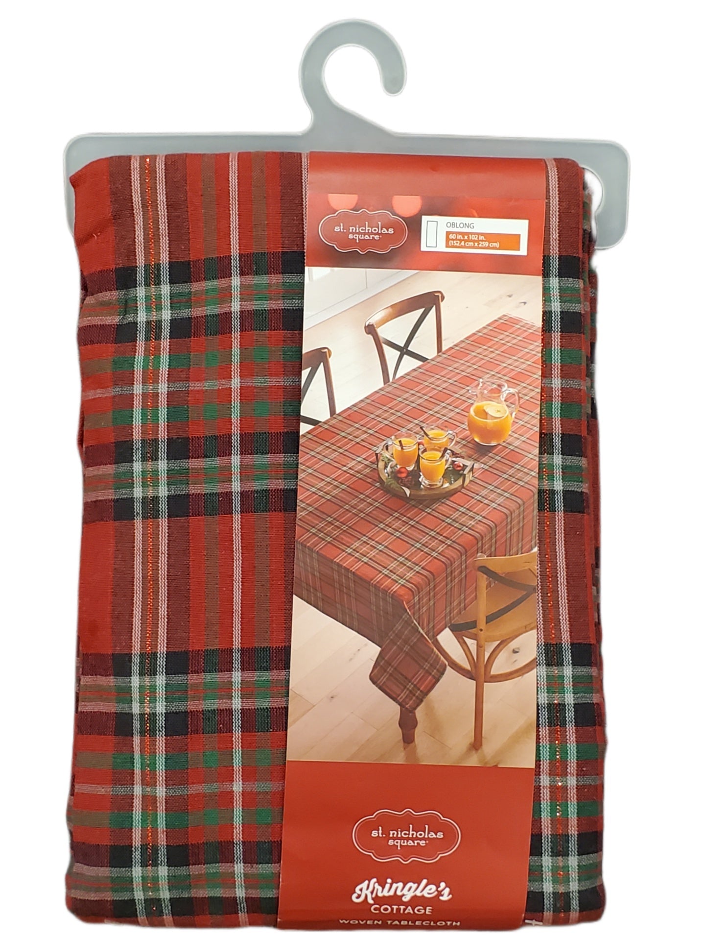 St. Nicholas Square Tartan Plaid Woven Quality Tablecloth Red And Green Oblong 60x102 In