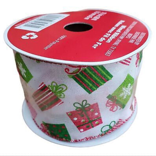 Celebrate it White with Red & Green Presents Wired Christmas Ribbon 2.5in x 20ft
