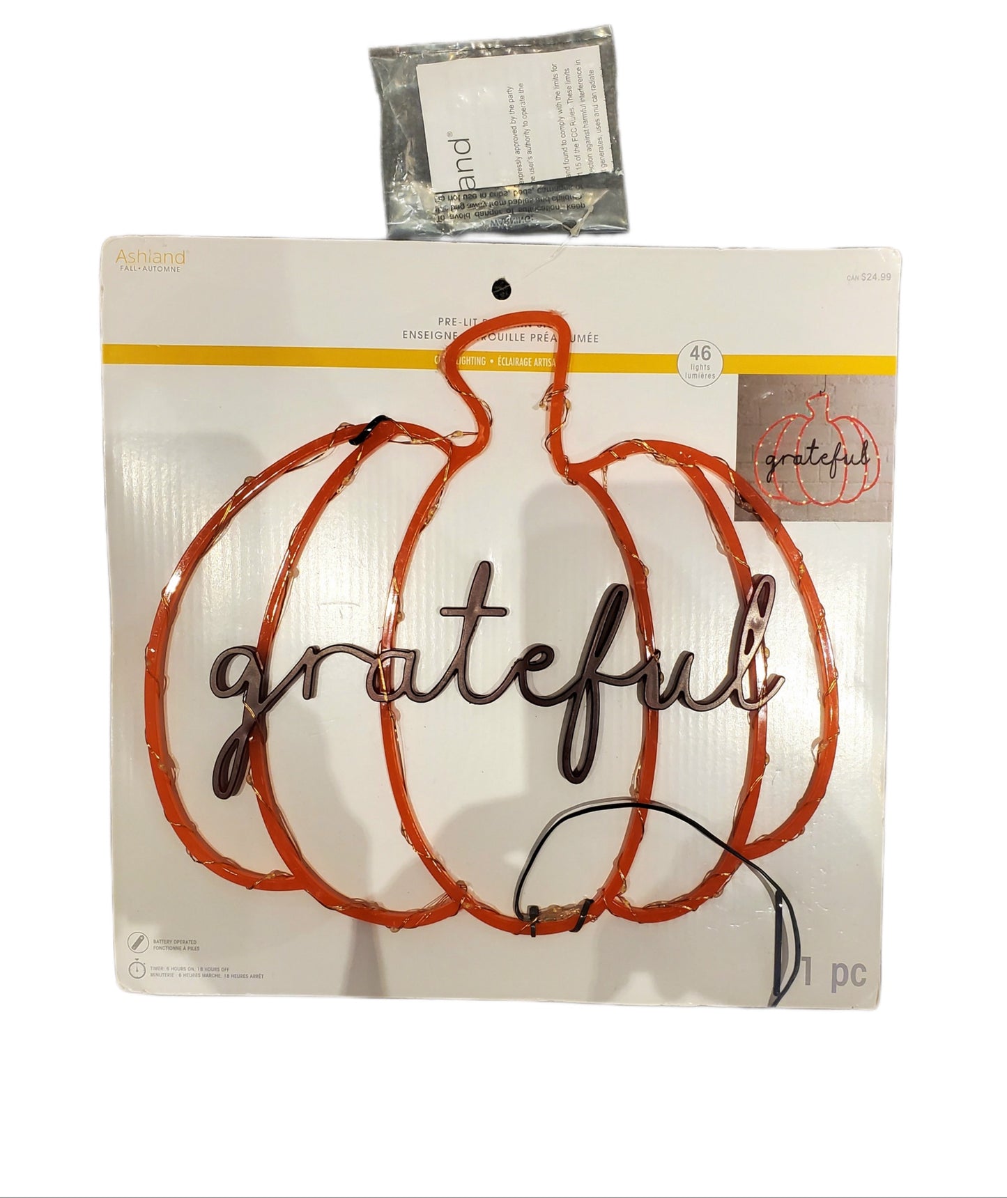 ASHLAND PRE-LIT PUMPKIN SIGN, GRATEFUL 12 X 12 INCHES