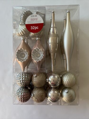 Ashland Shatterproof Ornaments 32 piece NEW Gold Silver Glitter Christmas SALE!.