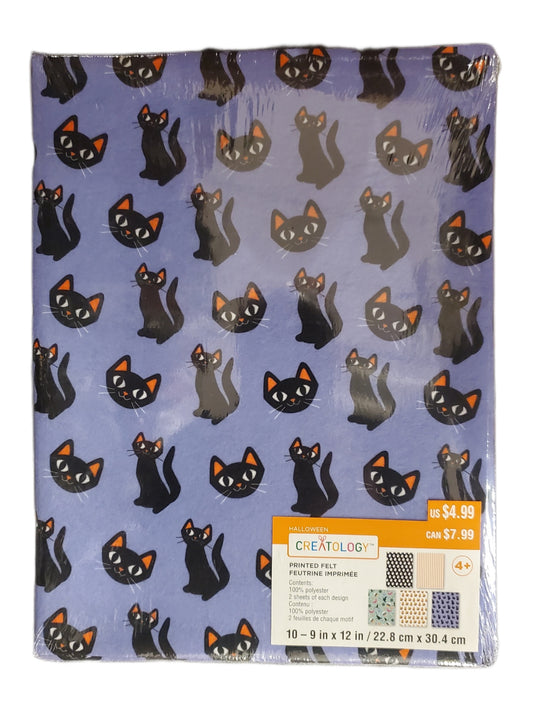 10 FELT SHEETS, PRINTED CATS, GHOSTS, PURPLE, BLACK , CREATOL0GY 10-9in x 12in