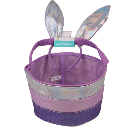 Easter Purple Mixed Fabric Basket with Bunny Ears Headband, 11 in x 6 in