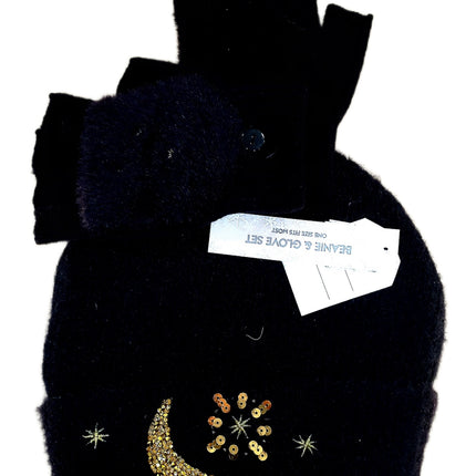 Black Soot Beanie & Glove Set with Gold Moon & Stars