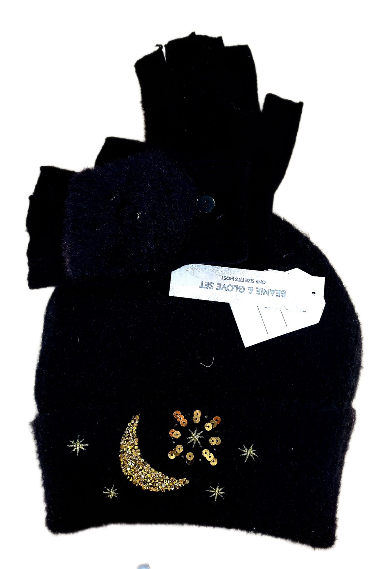 BEANIE AND GLOVE SET, BLACK SOOT WITH GOLD MOON & STARS, ONE SIZE FITS MOST