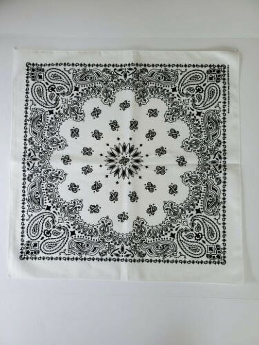 Bandana, White & Black Paisley, 100% Cotton, USA Bandanna 22 in x 22 in