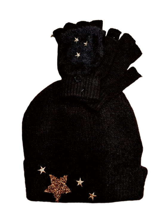 BEANIE AND GLOVE SET, BLACK SOOT WITH GOLD STARS, ONE SIZE FITS MOST