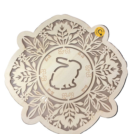 Wooden Décor – Rabbit Medallion with Floral Cutouts (10" Height × 10" Width, Wall Hangable)