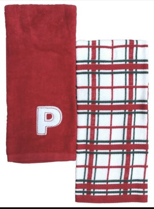 St. Nicholas Hand Towels "P" Set of 2 – Red Plaid