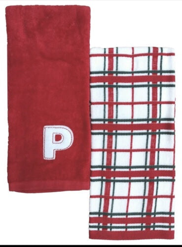 St Nicholas Square Red Christmas Plaid "P" Monogram Hand Towel Set, 2 piece