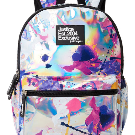 Justice Girls 17" Laptop Backpack Iridescent Silver Multi-Color Splatter