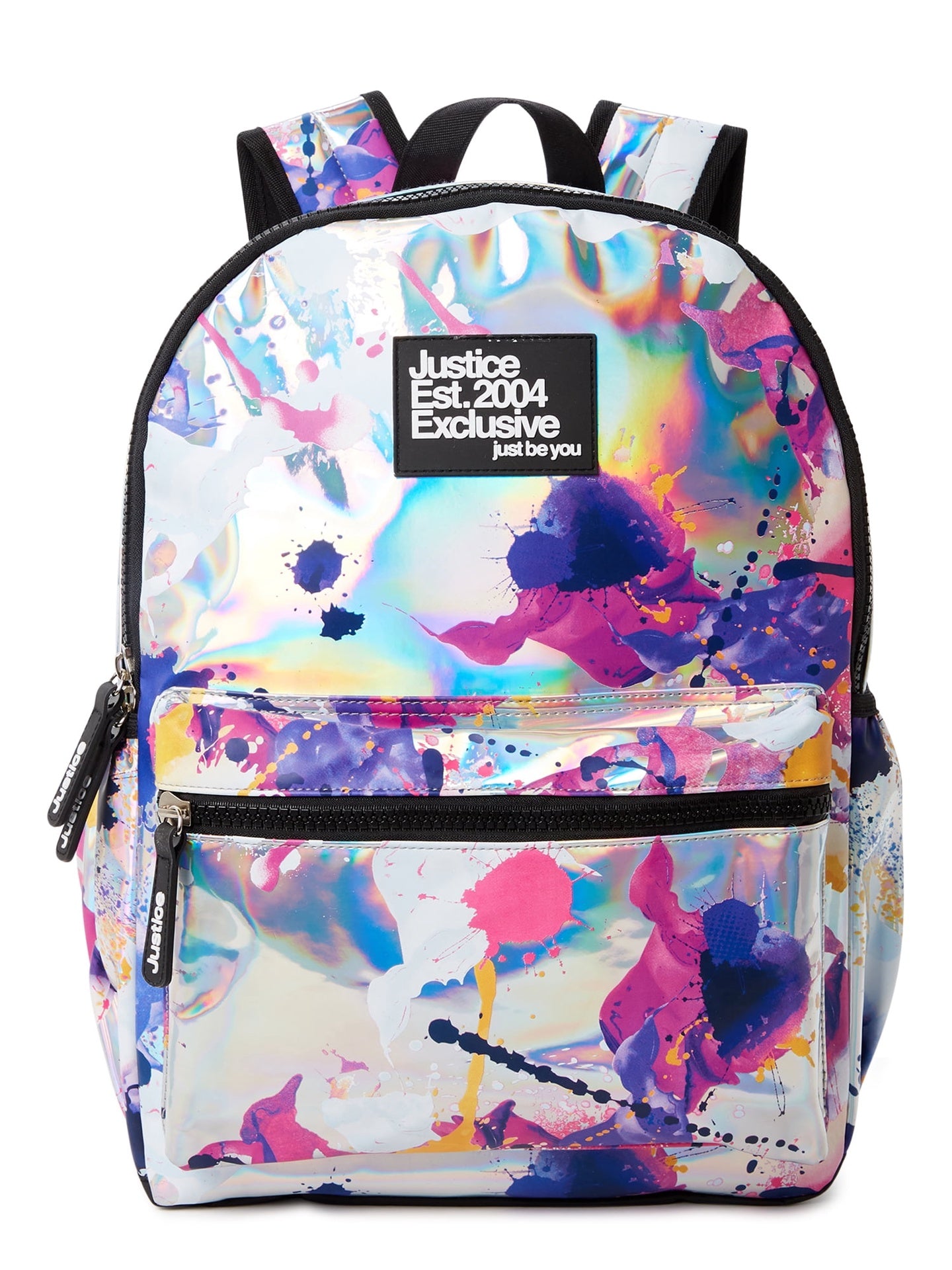 Justice Girls 17" Laptop Backpack Iridescent Silver Multi-Color Splatter