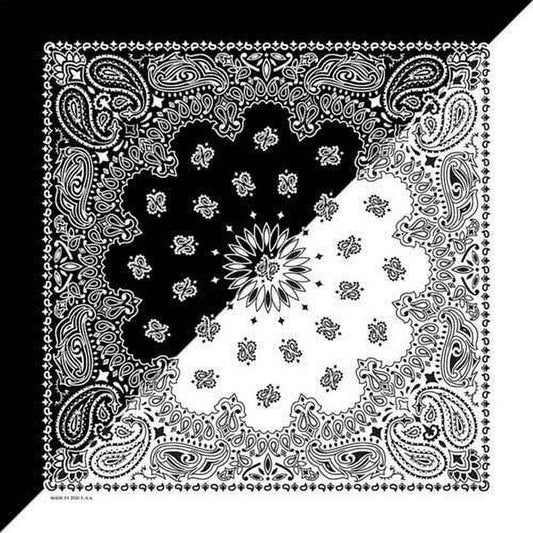 Bandana Black & White Split Paisley 100% Cotton Made in the USA Bandana 22x22