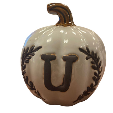 Ashland Fall White Porcelain Pumpkin with Letter U 5x5in