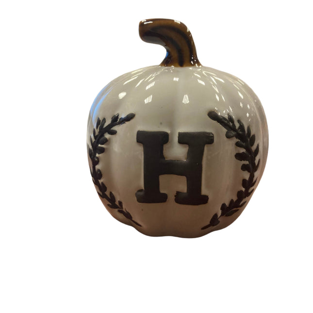 Ashland Fall White Porcelain Pumpkin with Letter H 5x5in