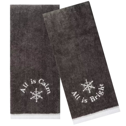 Gray Bath Hand Towel, Embroidery All is Calm, Set of 2, St. Nicholas Square