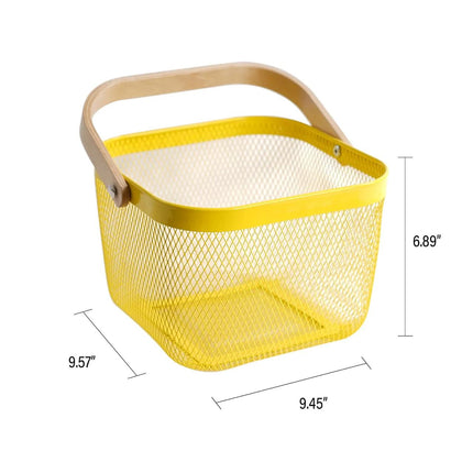 Yellow Mesh Easter Basket with Wooden Handle – 9.57 x 9.45 x 6.89 Inches