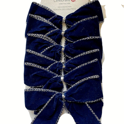 Navy & Silver 4" Wired Cloth Bows, Set of 6