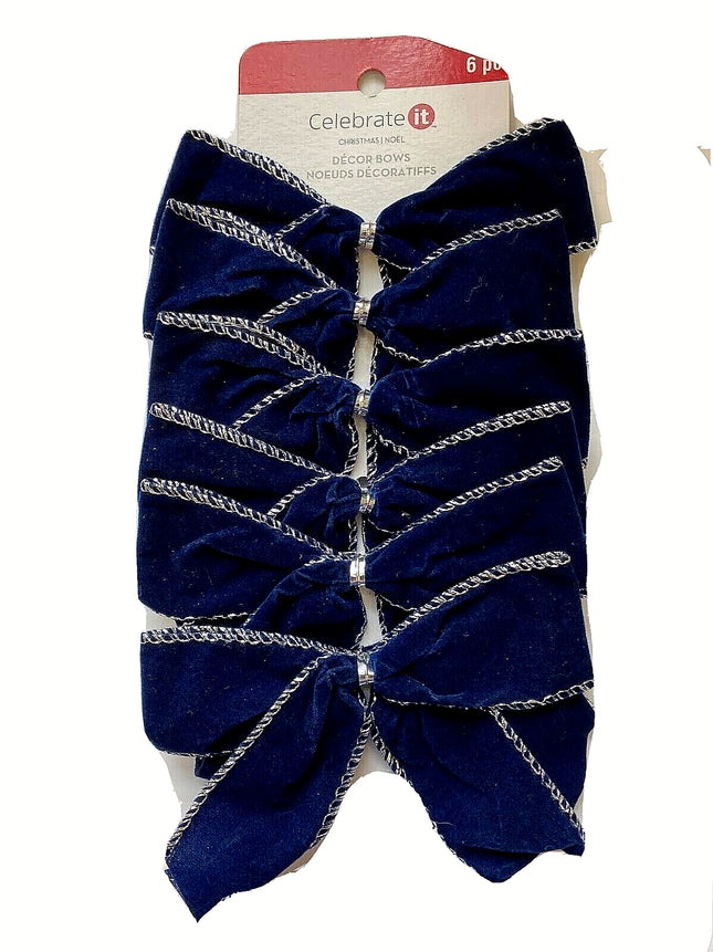 Navy & Silver 4" Wired Cloth Bows, Set of 6