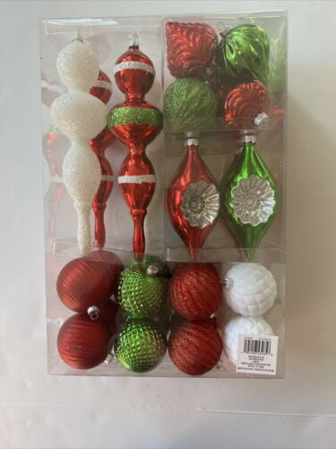 Ashland Shatterproof Ornaments 32 piece Red, Green, White Glitter Christmas