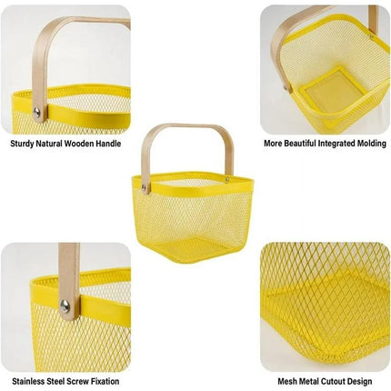 Yellow Mesh Easter Basket with Wooden Handle – 9.57 x 9.45 x 6.89 Inches