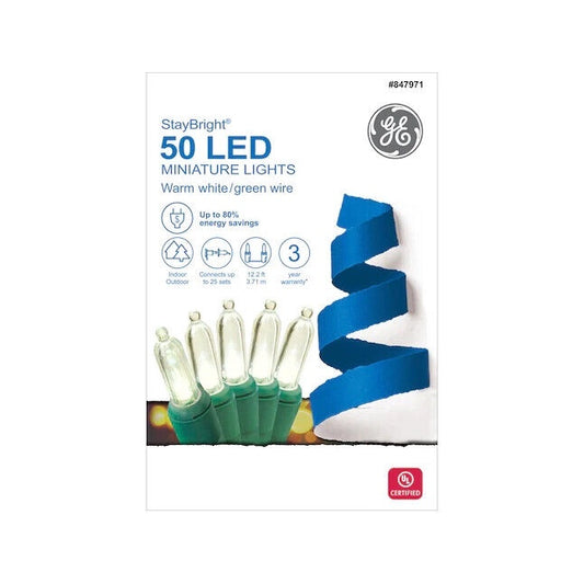 GE StayBright 50-Count 12.2-ft White LED Plug-In Christmas String Lights