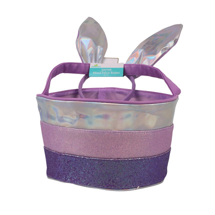 Easter Purple Mixed Fabric Basket with Bunny Ears Headband, 11 in x 6 in