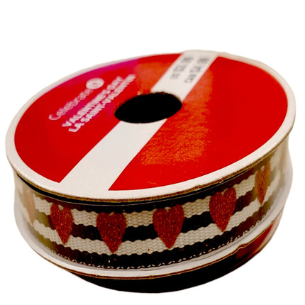 Valentine's Day Black and White striped with Red Hearts Ribbon 3/8" x 3yd