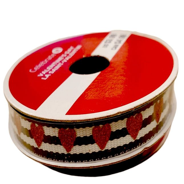 Valentine's Day Black and White striped with Red Hearts Ribbon 3/8" x 3yd