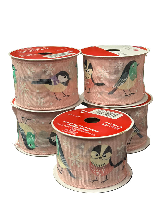 Celebrate It Wired Pink Bird Ribbon – Christmas &amp; Easter (2.5" × 20 ft)
