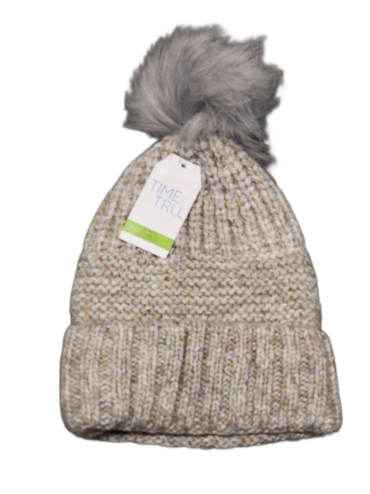 TIME AND TRU, TT BEANIE, GREY AND TAN TT BEANIE WITH POM, ONE SIZE FITS MOST, TT BEANIE