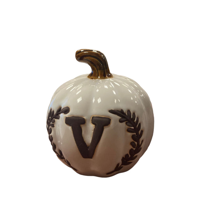 Ashland Fall White Porcelain Pumpkin with Letter V 5x5in
