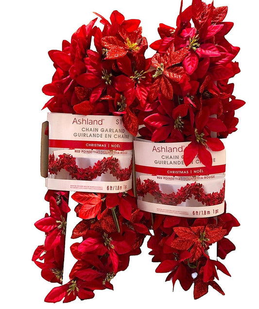 Set of 2 6ft Ashland Garland -Chain Link Poinsettia Glitter Christmas Winter-NWT