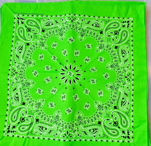 Bandana NEON GREEN Paisley Made in the USA 100% Cotton 22 in X 22 in