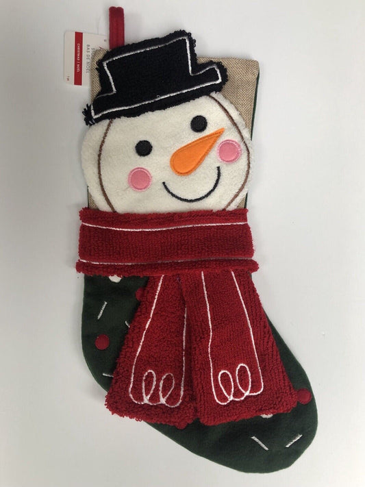 Ashland 18" Snowman Christmas Stocking w Black Hat + Red Scarf & Satin Lining