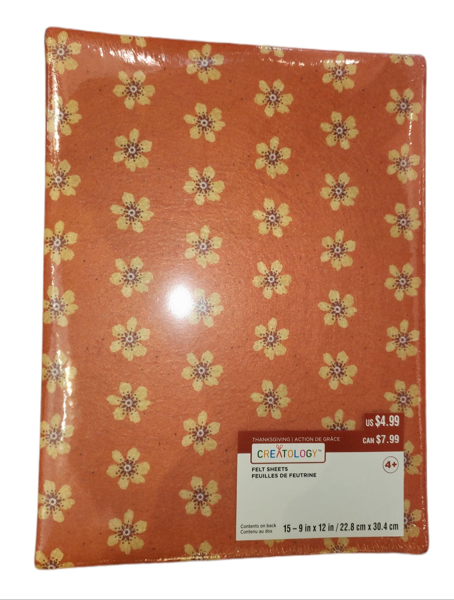 15 FELT SHEETS, CREAM, ORANGE WITH YELLOW FLOWER PRINT, CREATOL0GY 15-9in x 12in