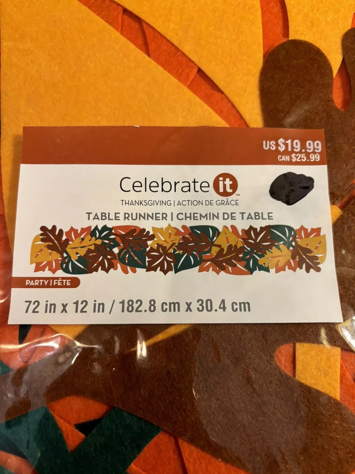 Thanksgiving Autumn Table Runner with Cut Outs Leaves Felt NWT 72" x 12"