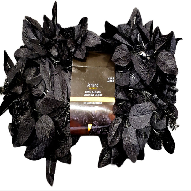 Ashland Black Halloween Chain Garland with Black Glittery Flowers  6ft.
