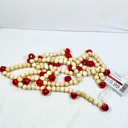 Red Bell & Wooden Bead Christmas Tree Garland - 6â€™ ea. NWT