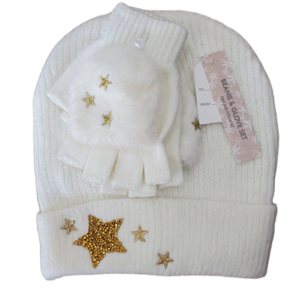 Winter White Beanie & Glove Set with Gold Stars