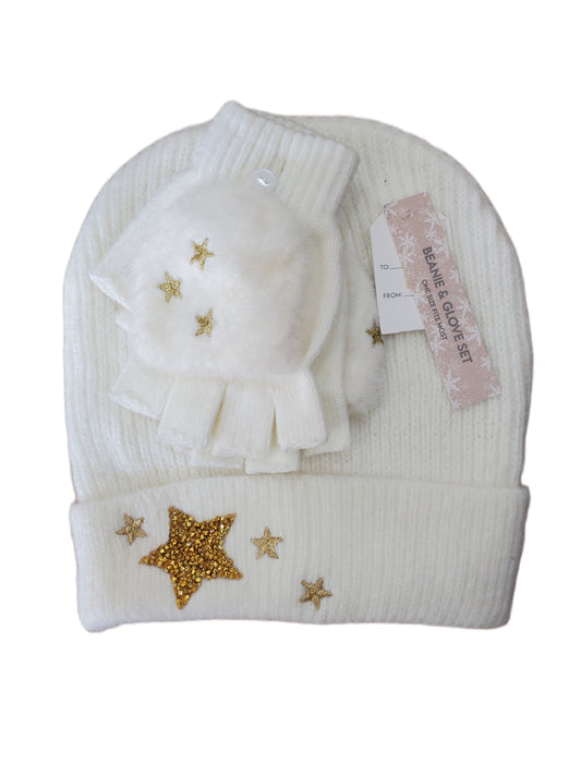 BEANIE AND GLOVE SET, WINTER WHITE WITH GOLD STARS, ONE SIZE FITS MOST