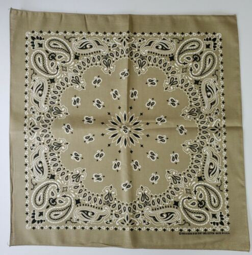 Bandana, Golden Khaki Paisley, 100% Cotton, USA Bandanna 22 in x 22 in