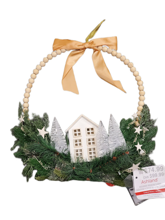 ASHLAND DESIGNER PREMIUM FLORAL WREATH, LIGHT UP BUILDING, BEADS 20 IN