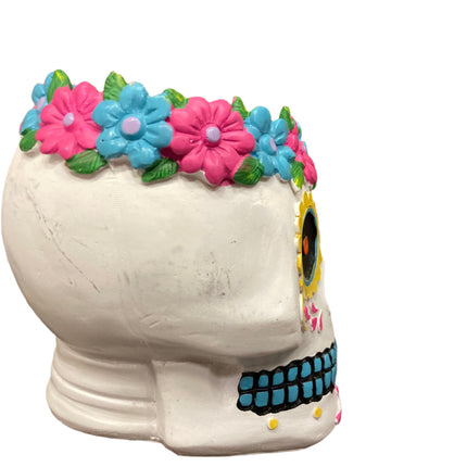 Ashland Day of the Dead Skull Candle Holder with Blue and Pink Flowers Decoration 6x5in