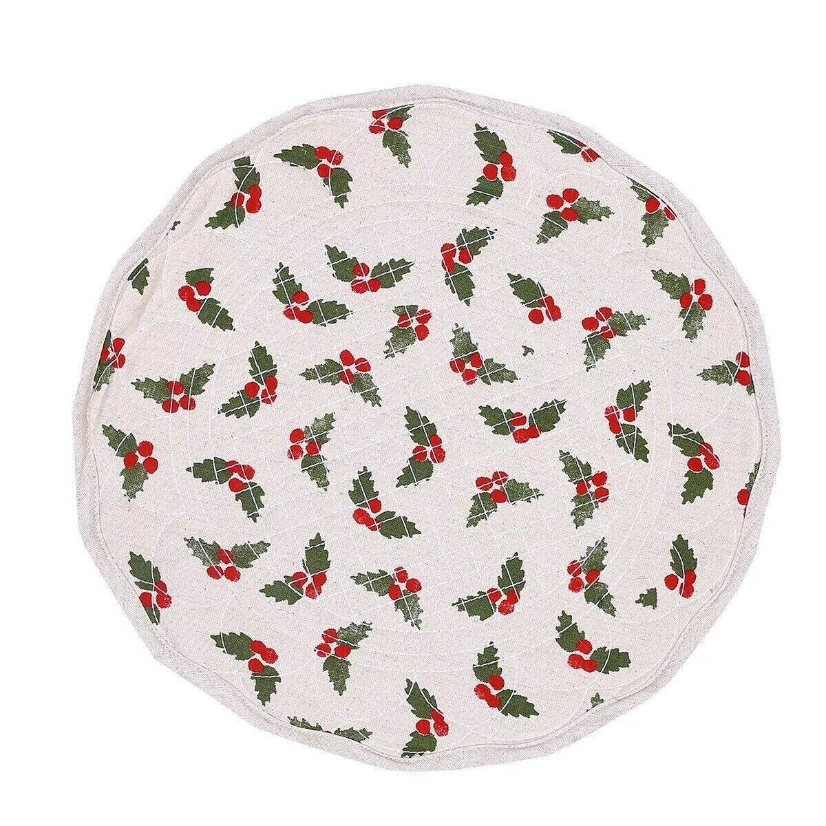 St Nicholas Square Round Reversible Quilted Holly / Plaid Christmas Placemat NEW