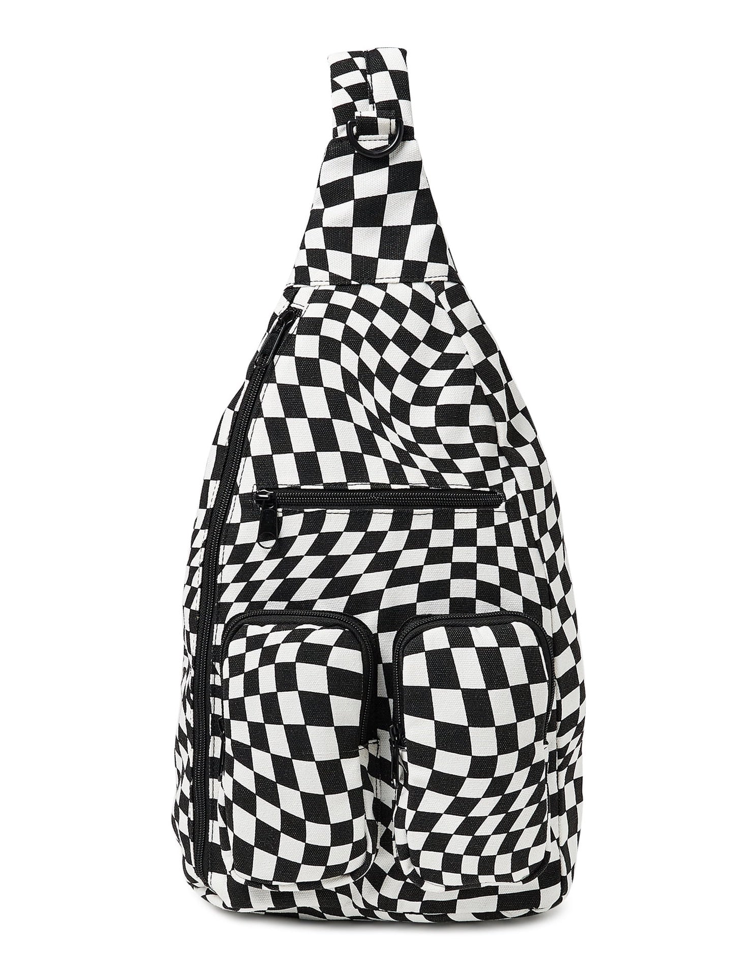 No Boundaries Women’s Hands Free Cargo Sling Bag Black White Checker Print